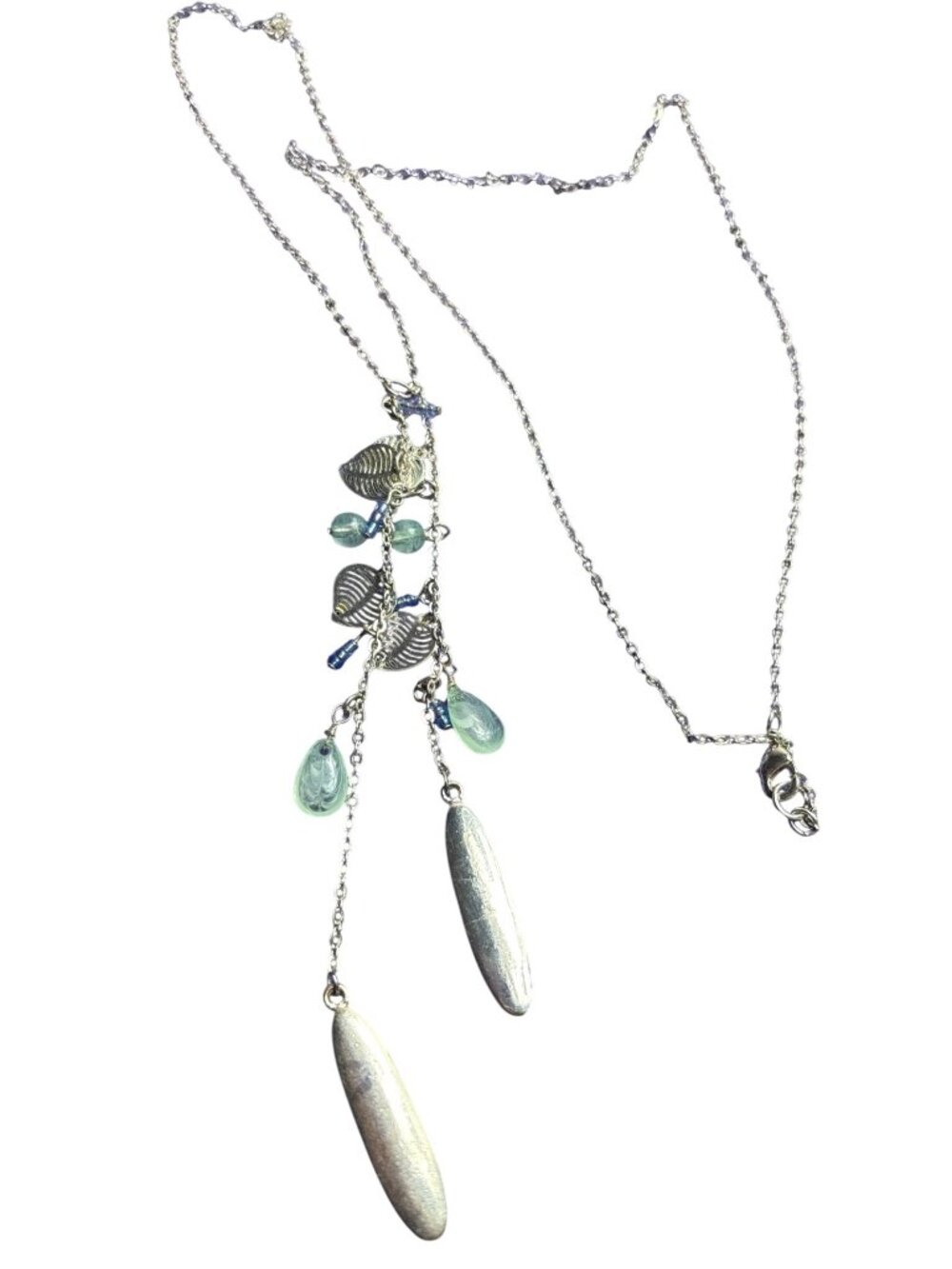Silvertone Chain Necklace Blue Green Leaf Beaded Drop 28 inches Long